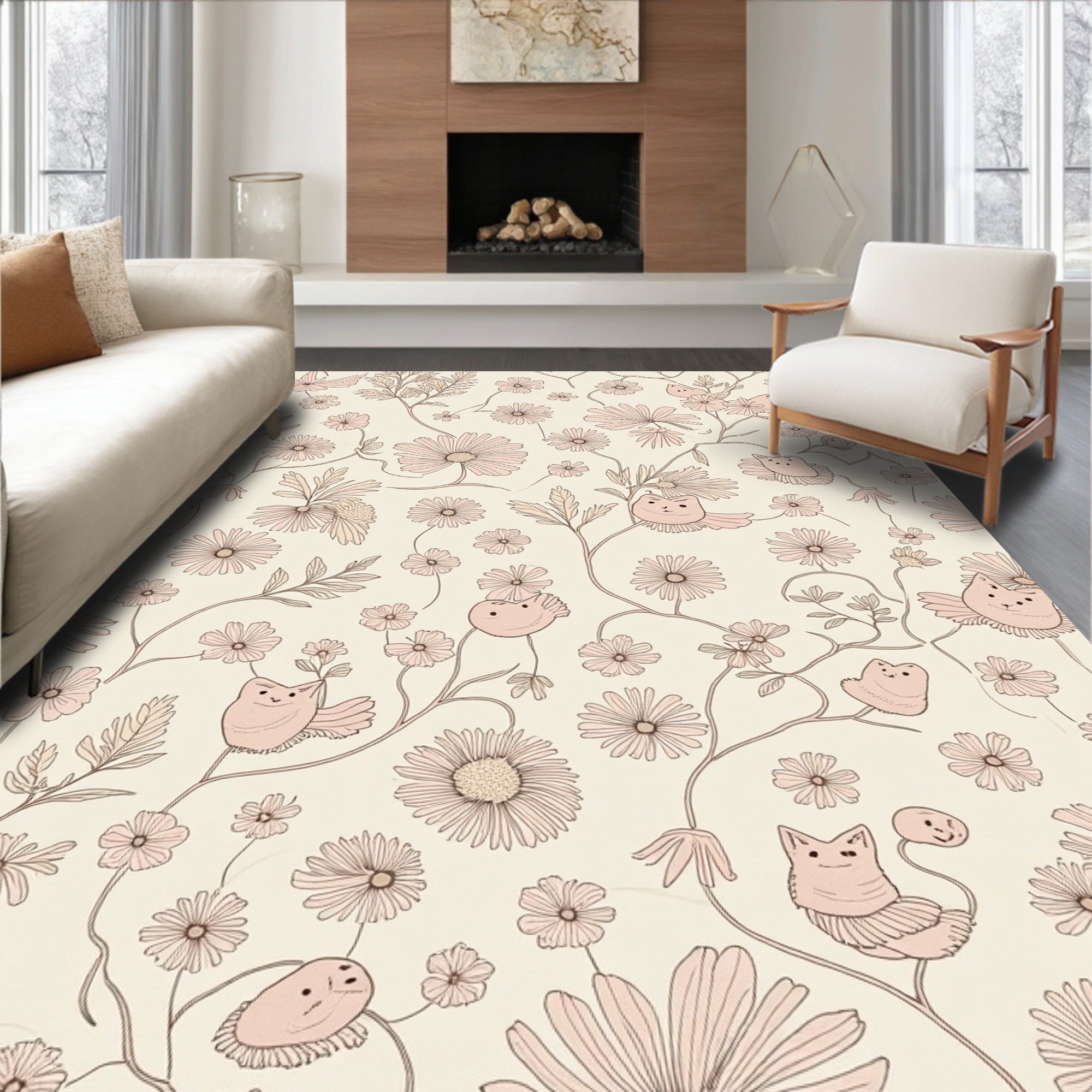 Whimsical Floral Cat Pattern Design Rug