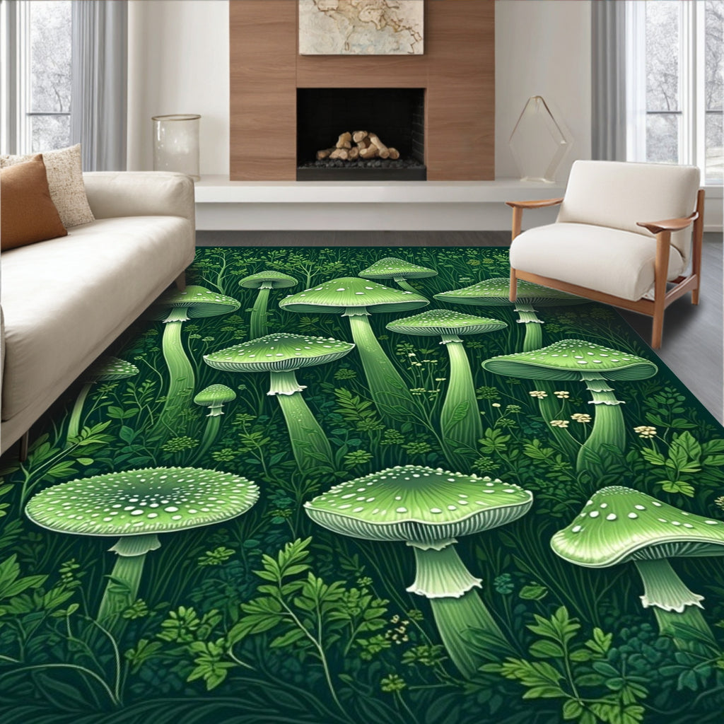 Enchanted Green Mushroom Garden Pattern Rug