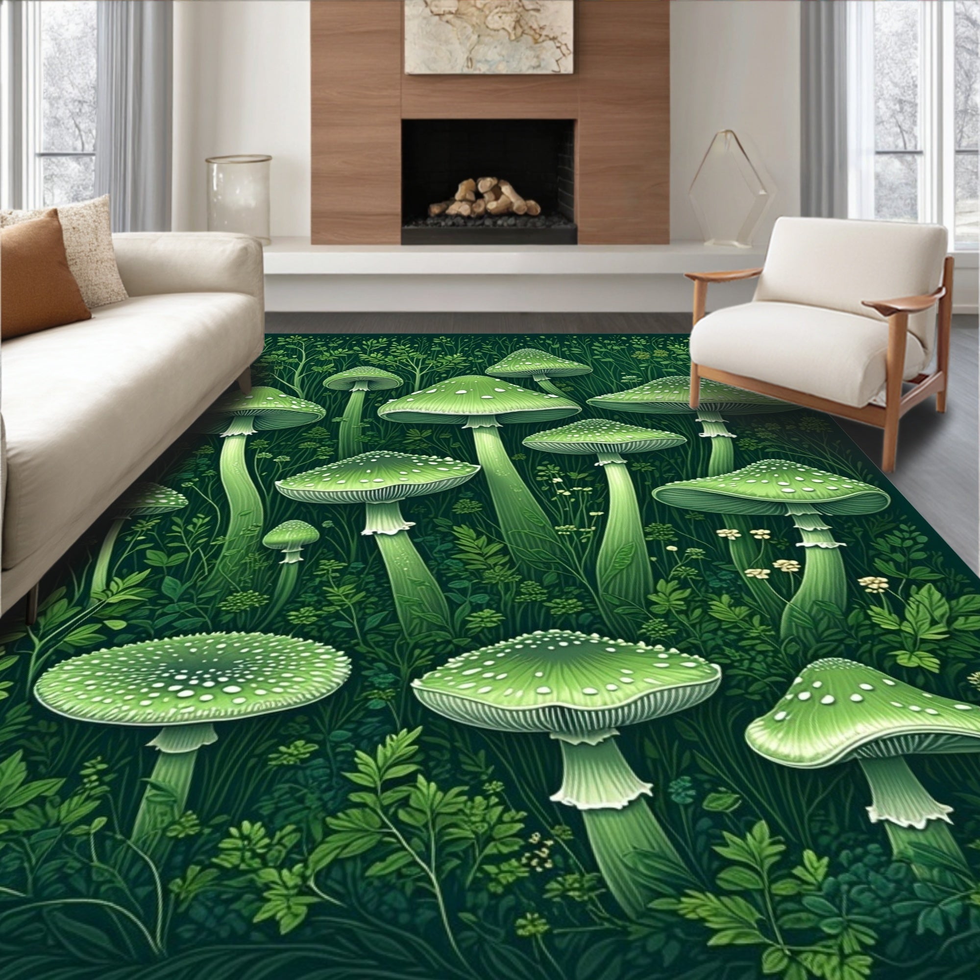 Enchanted Green Mushroom Garden Pattern Rug