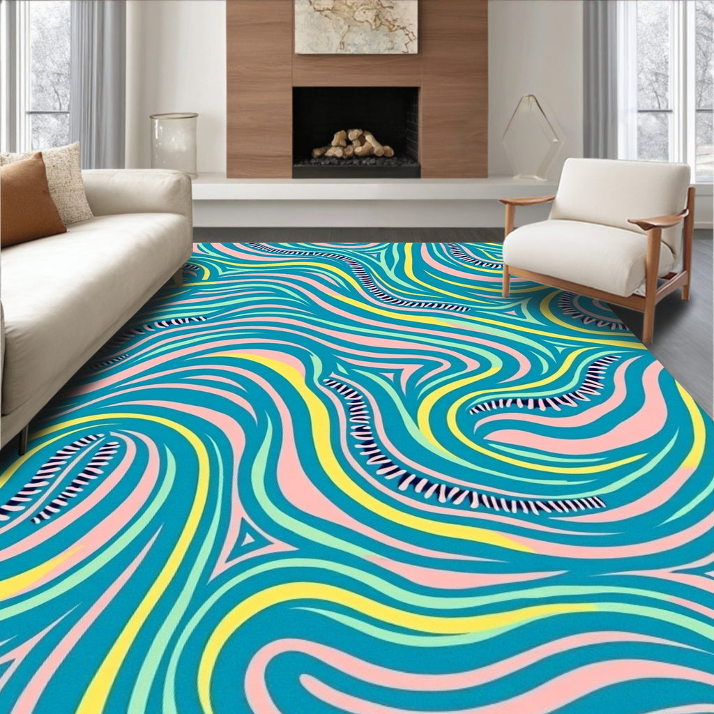 Turquoise Pink Yellow Swirling Lines Rug