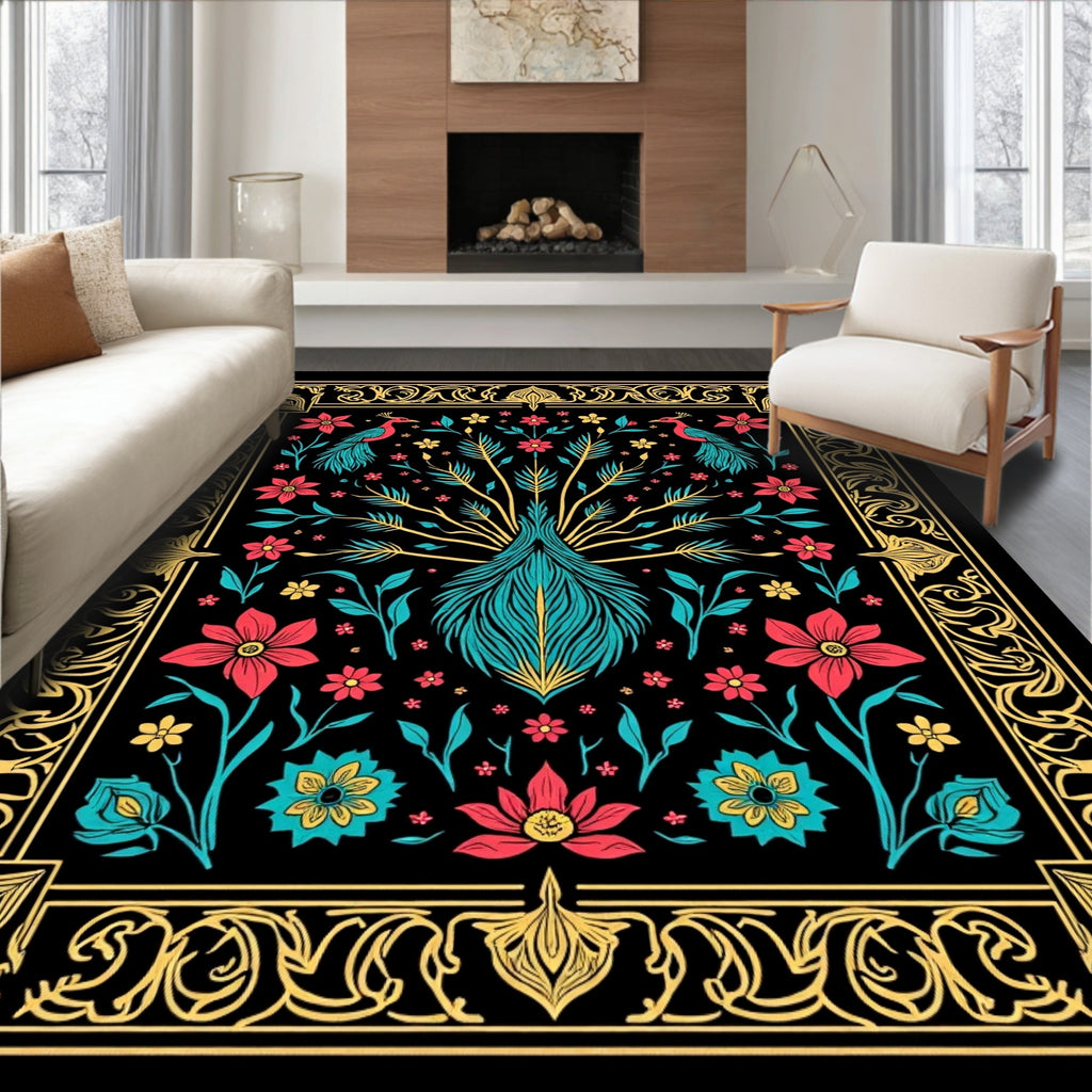 Floral Peacock With Ornate Border Design Rug