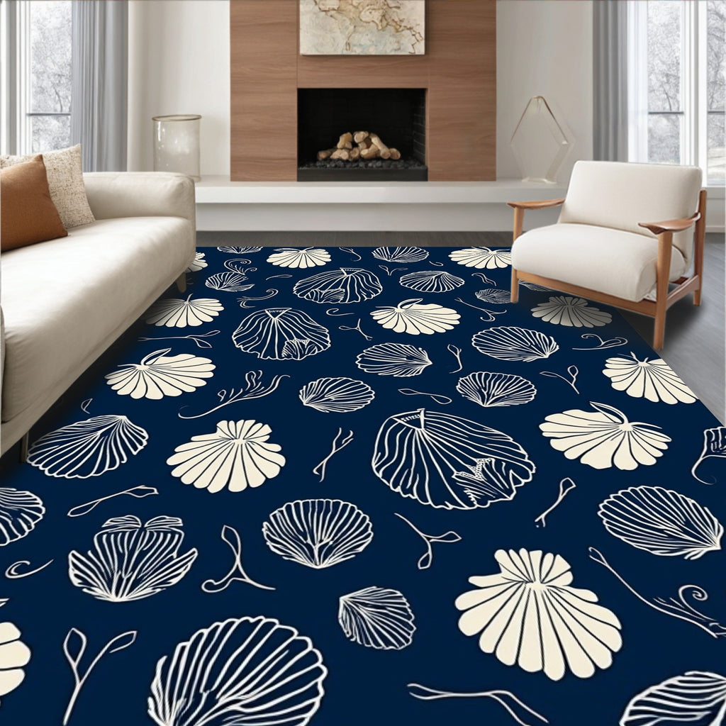 Navy Shells Botanical Pattern Rug