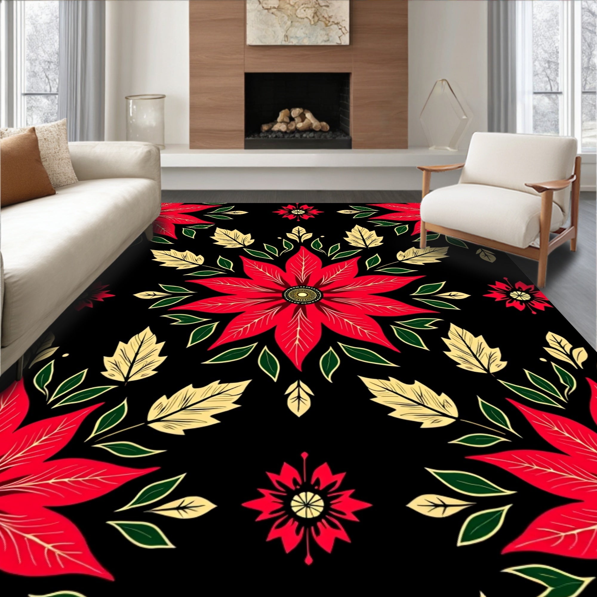 Vibrant Red Poinsettia Floral Medallions Rug