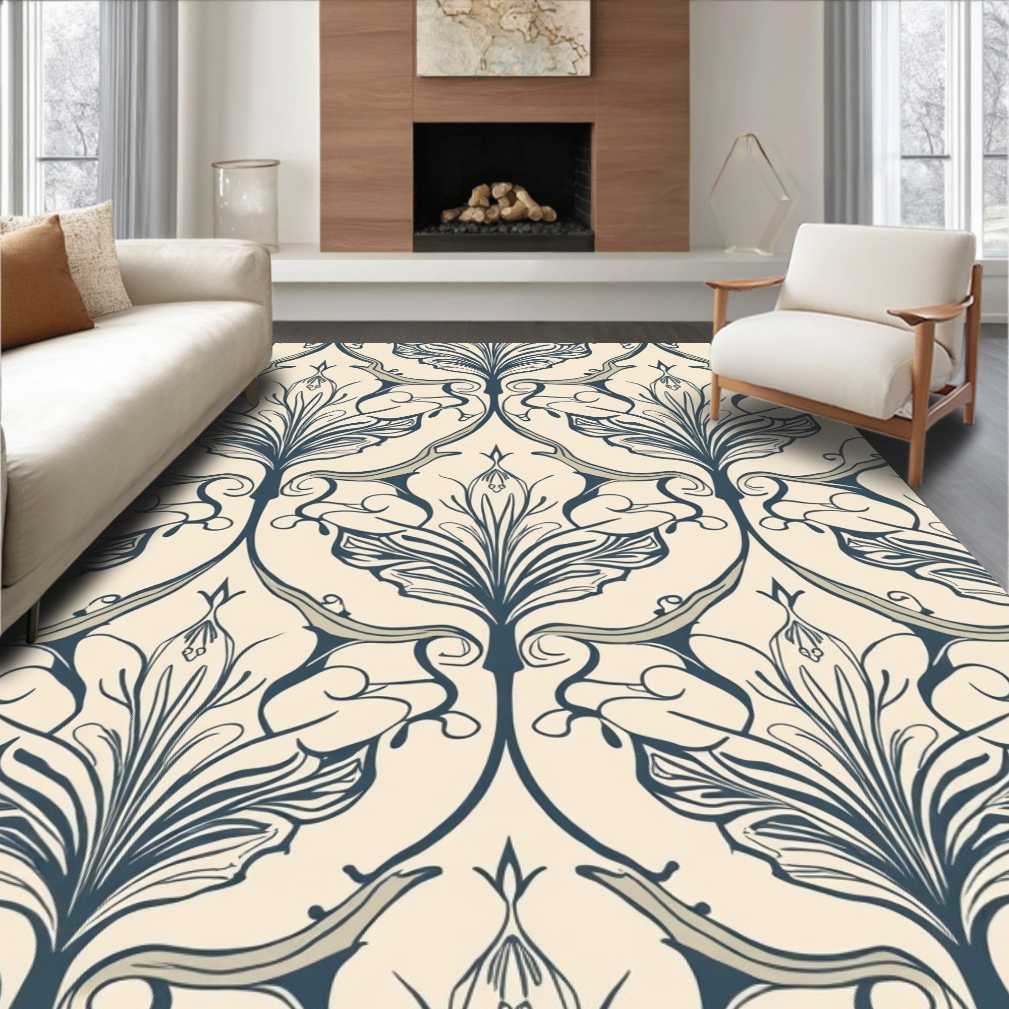Art Nouveau Floral Damask Ivory Rug