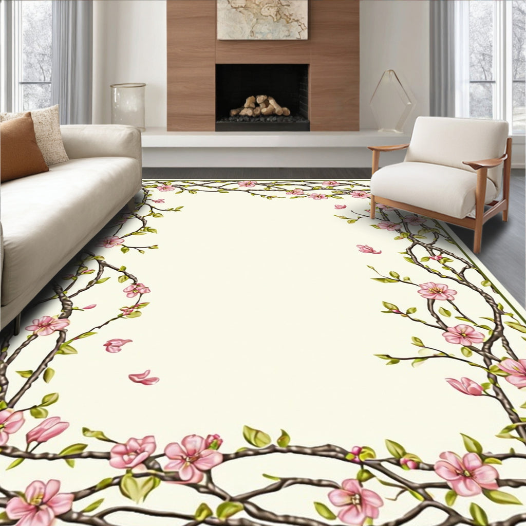 Pink Cherry Blossom Branch Border Rug