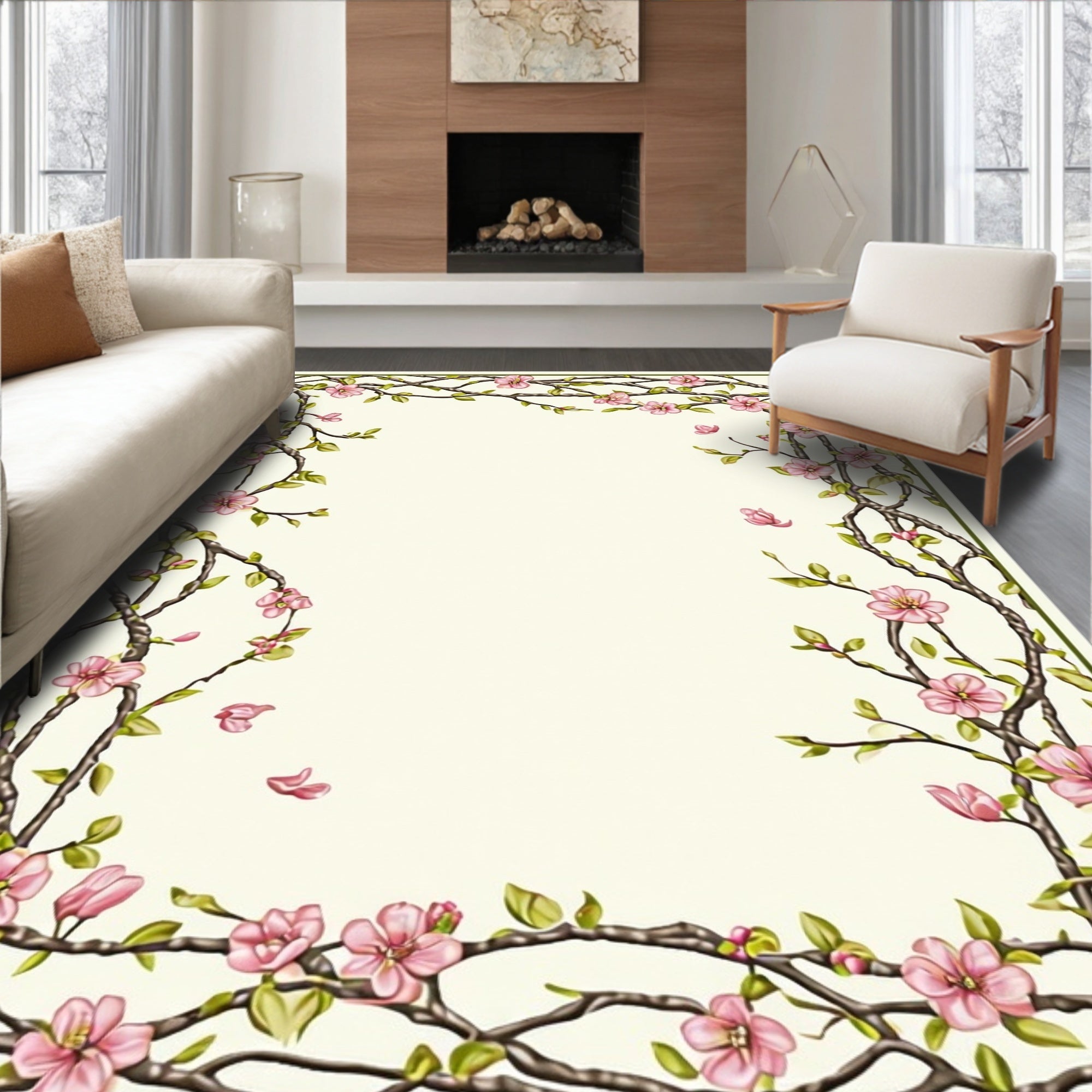 Pink Cherry Blossom Branch Border Rug