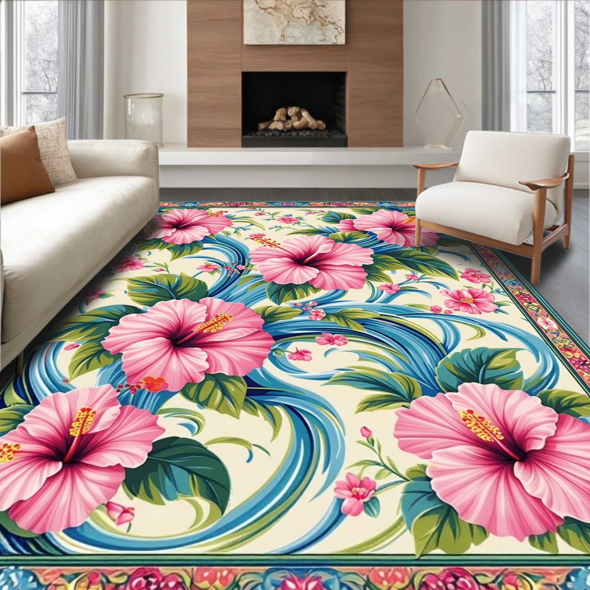 Floral Hibiscus Wave Pattern Design Rug