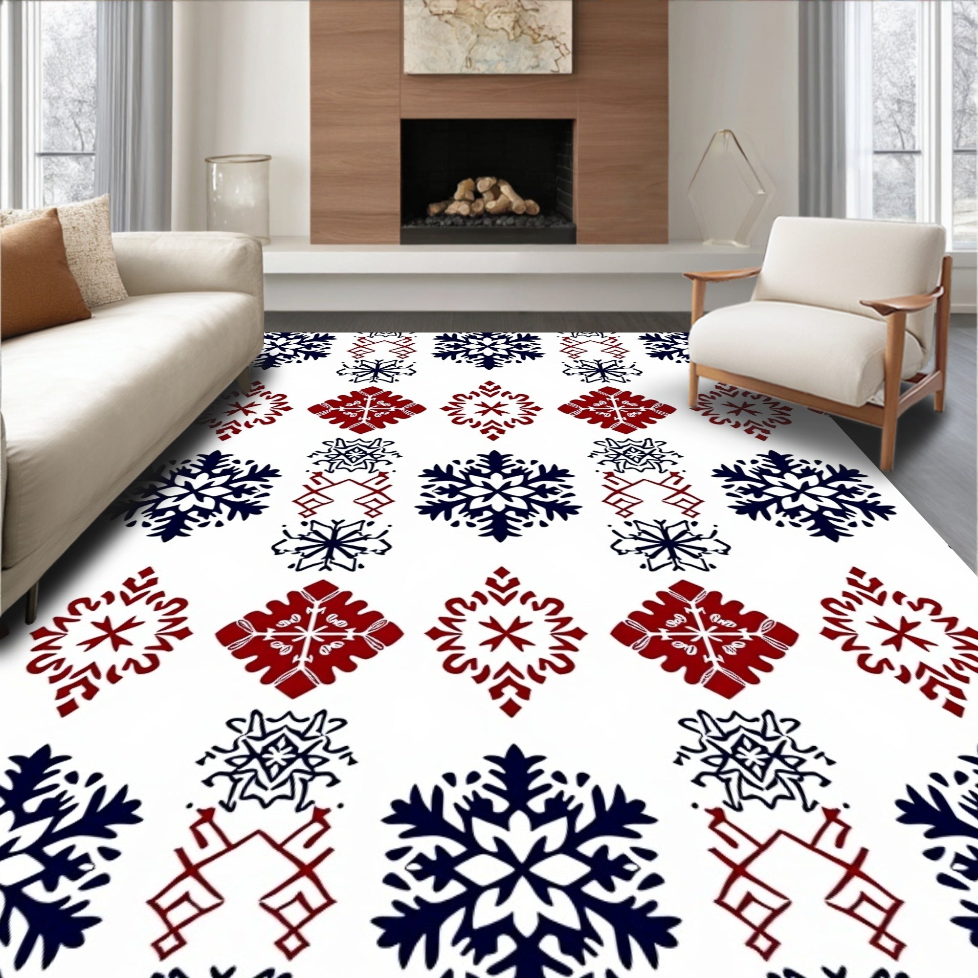 Deep Blue Crimson Snowflake Medallions Rug