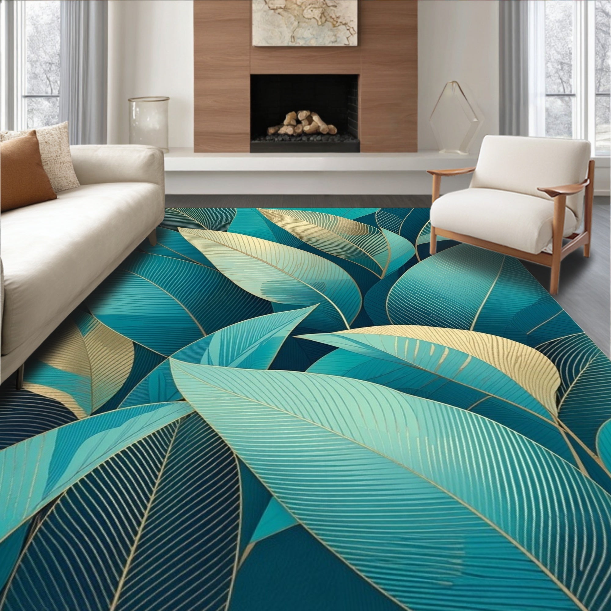 Teal Gold Leafy Pattern Design Rug
