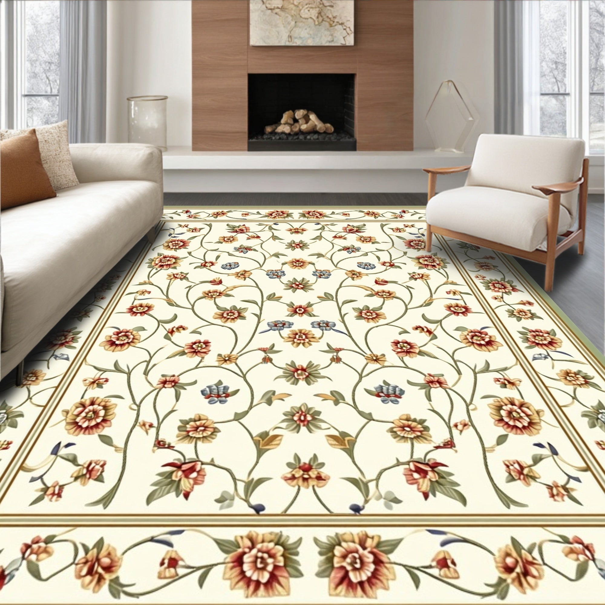 Cream Botanical Floral Vine Rug