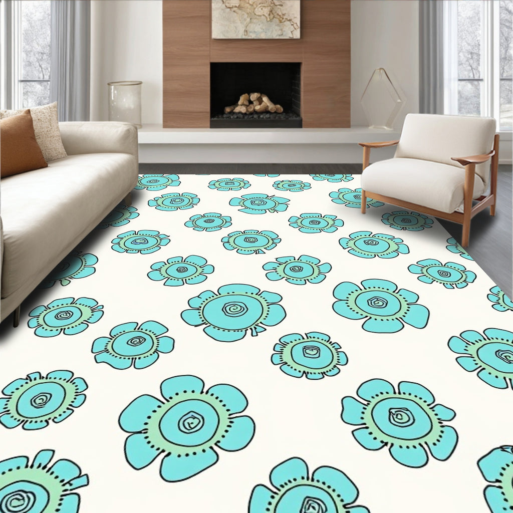 Whimsical Teal Floral Design Rug