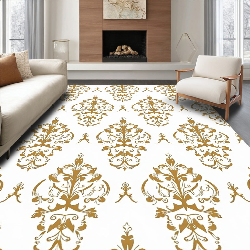 Ornate Gold Damask Scrollwork Rug