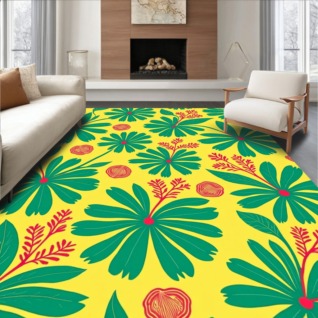Bold Floral Design Yellow Green Rug