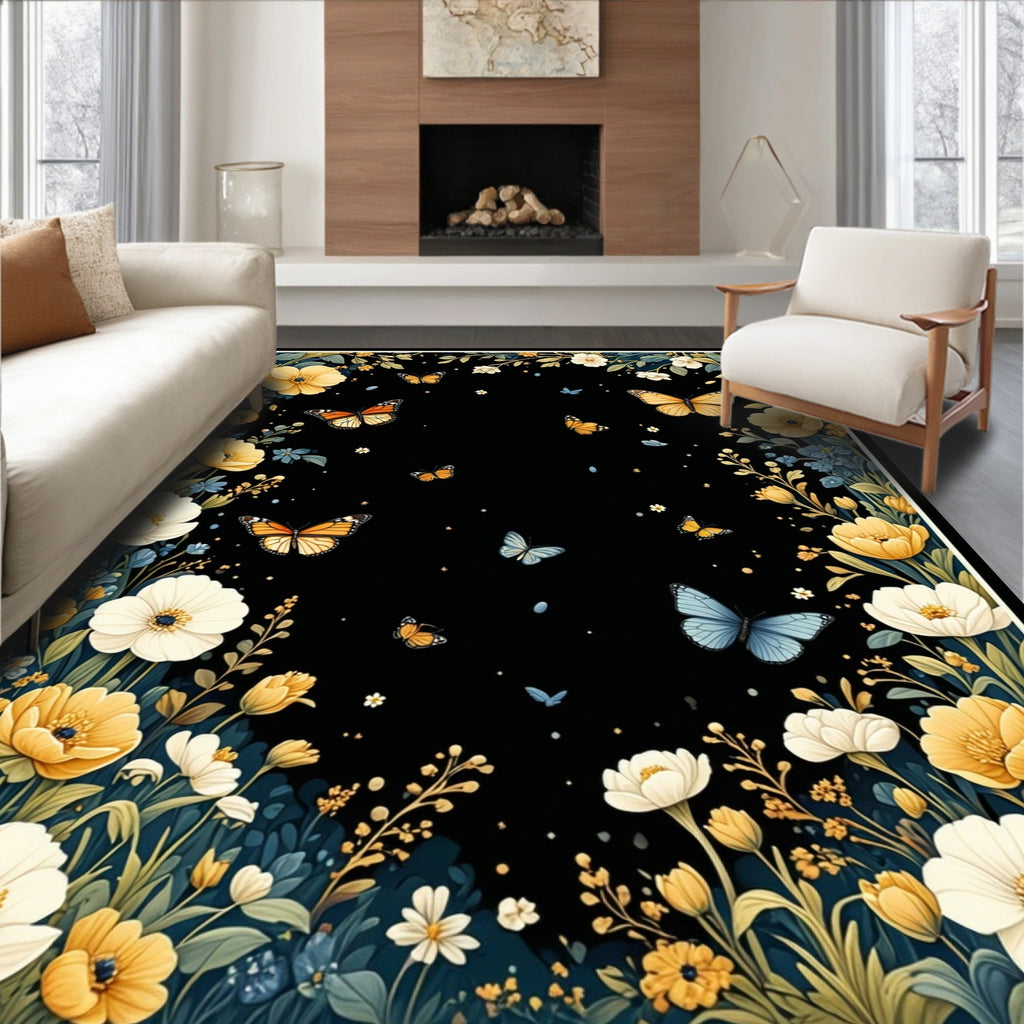Whimsical Yellow Butterfly Floral Design Rug