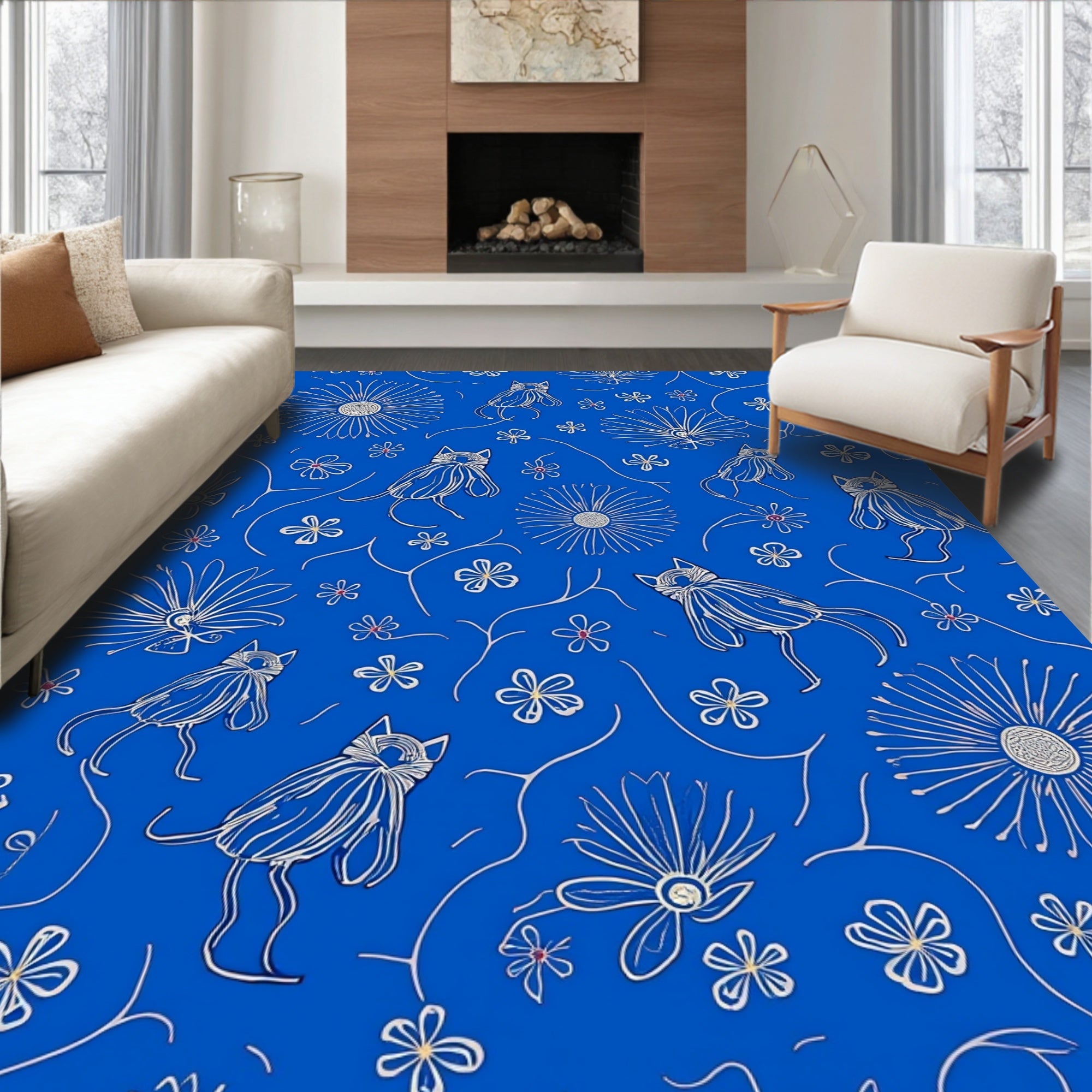 Whimsical Cat Floral Design Rug