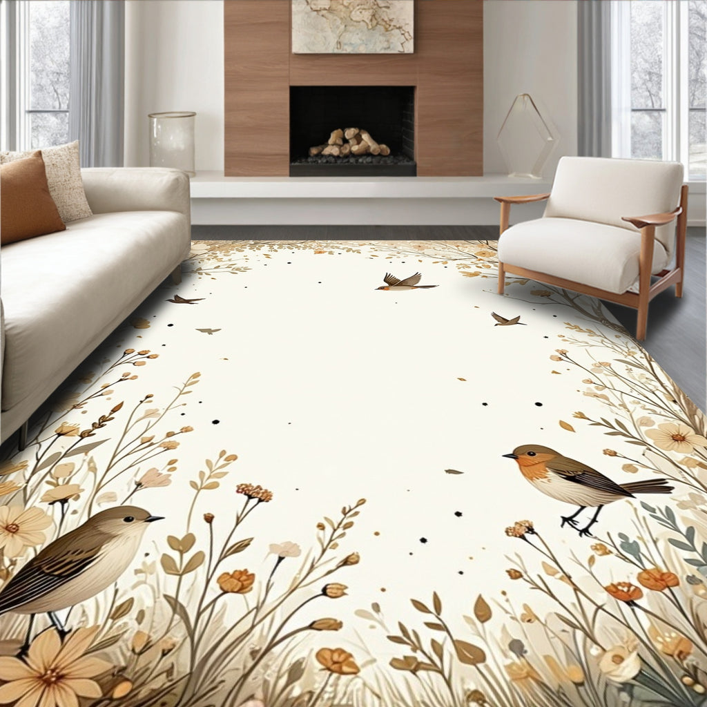 Whimsical Birds Floral Meadow Design Rug