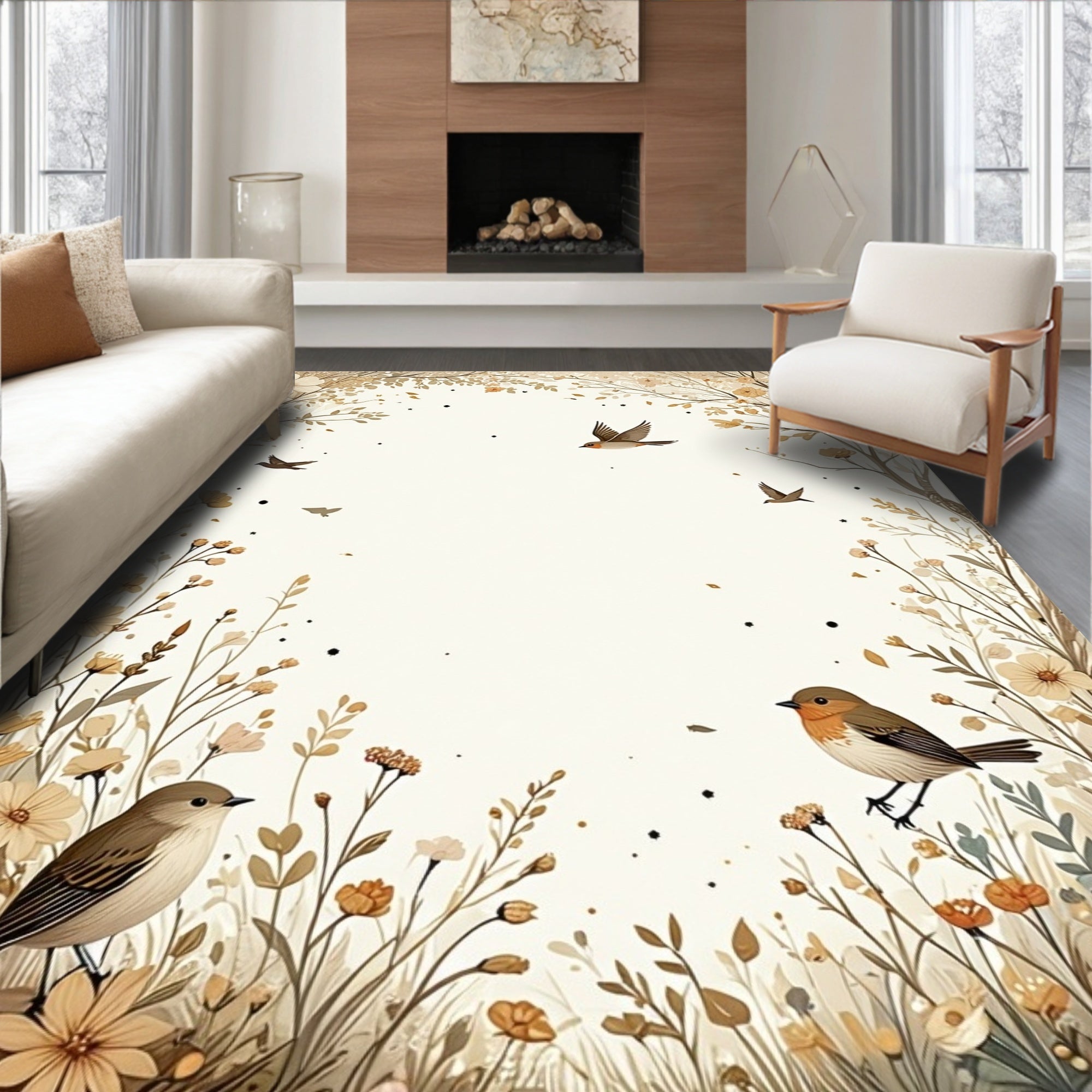 Whimsical Birds Floral Meadow Design Rug