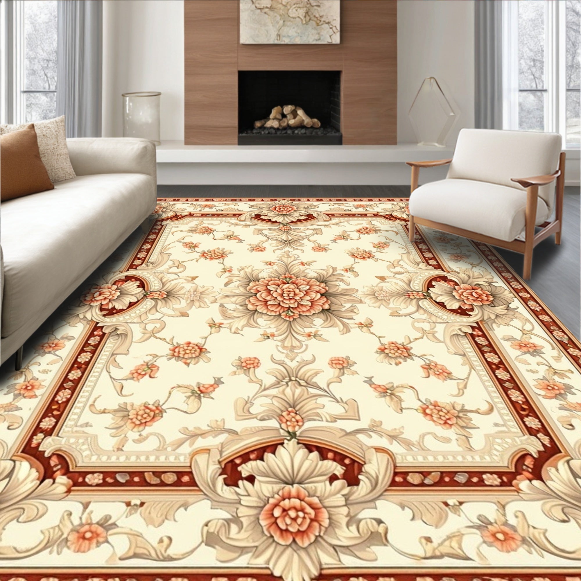 Ornate Floral Pattern With Cream Border Rug