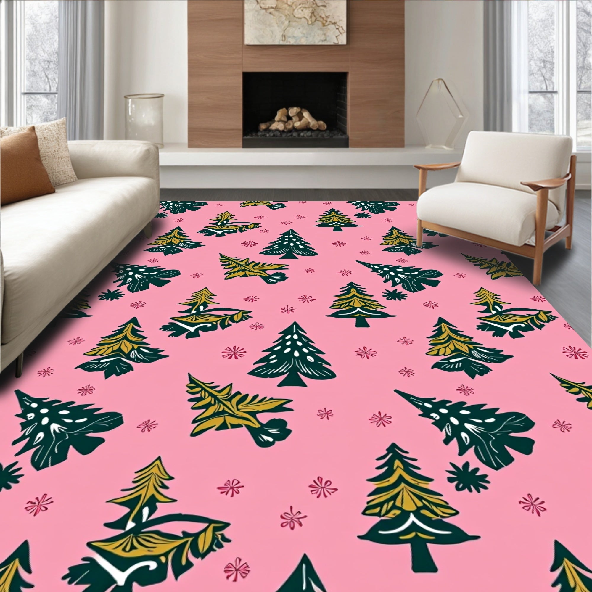 Pink Forest Evergreen Tree Collection Rug