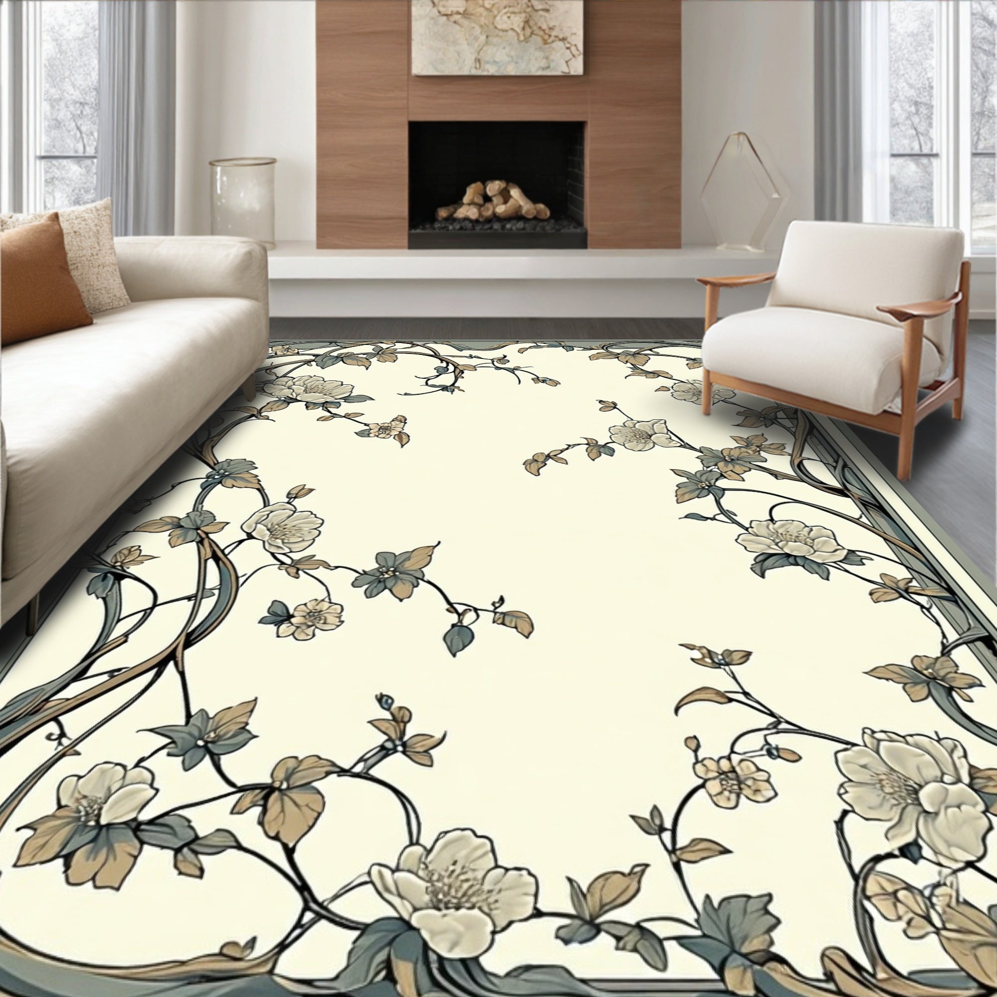 Art Nouveau Floral Whimsical Border Design Rug