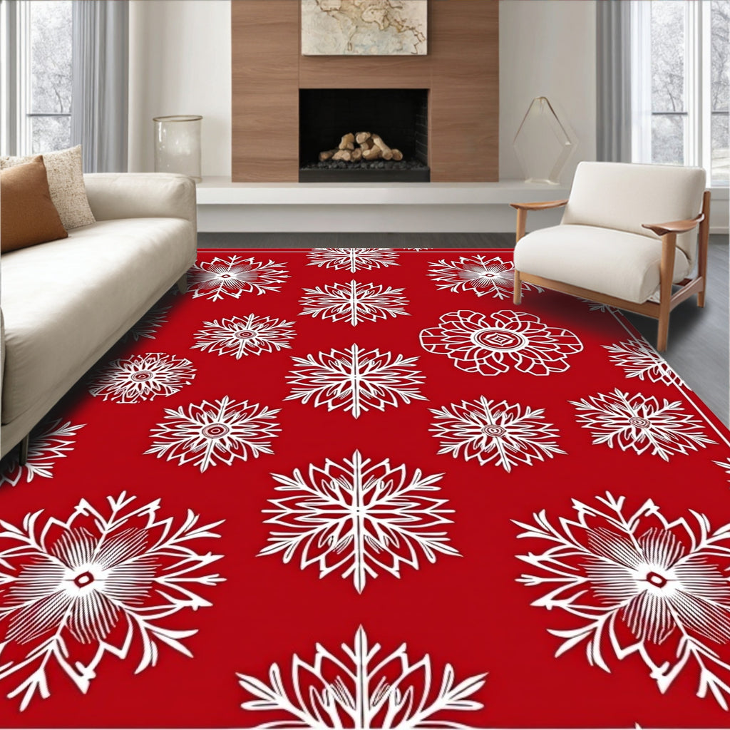 White Snowflake Holiday Medallion Red Rug