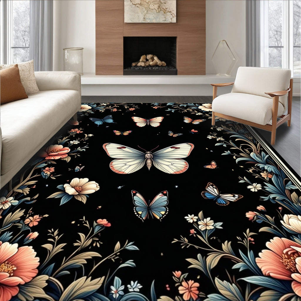 Floral Butterflies Botanical Dark Garden Rug