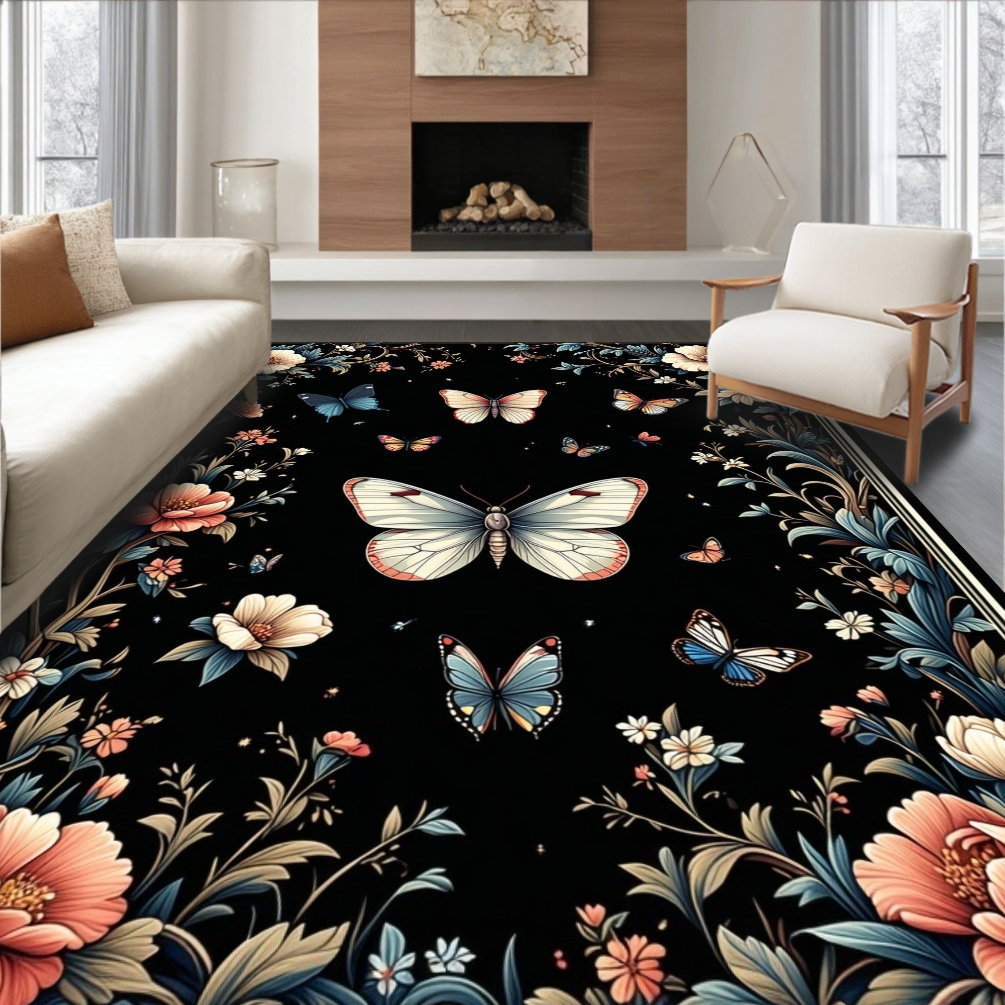 Floral Butterflies Botanical Dark Garden Rug