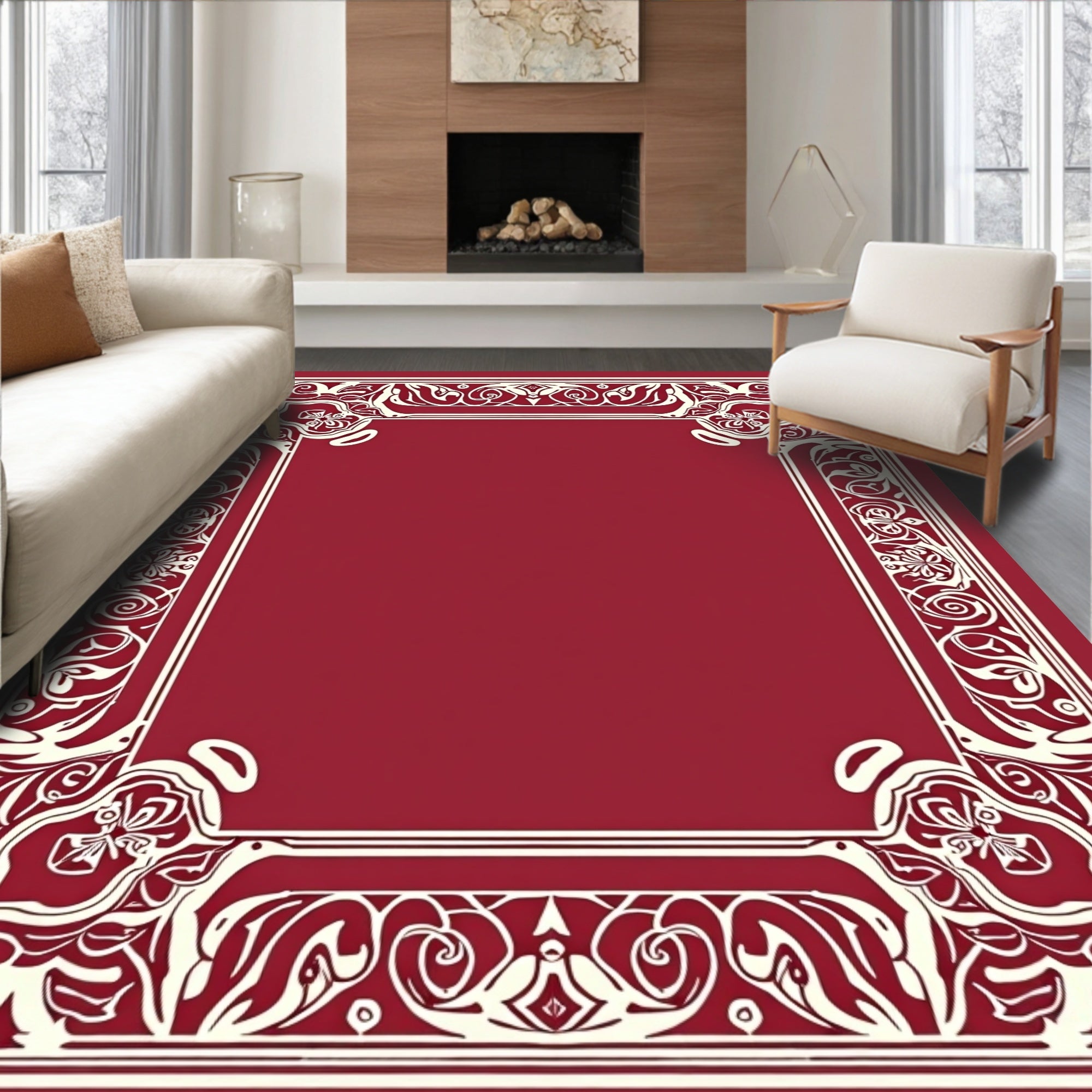 Intricate Floral Scrollwork Border Design Rug