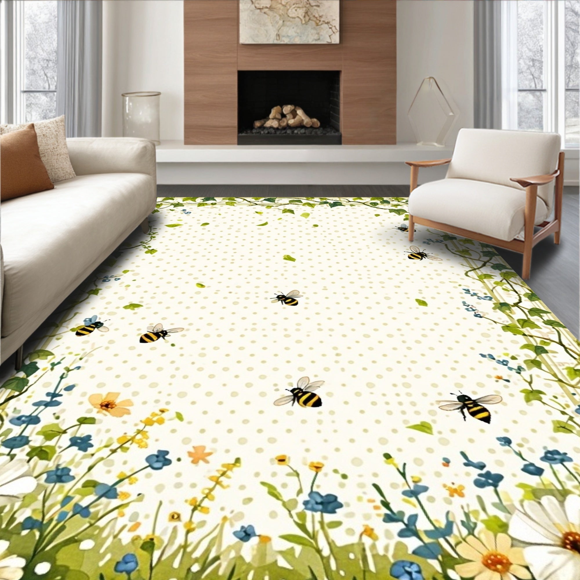 Whimsical Bees Floral Garden Pattern Rug