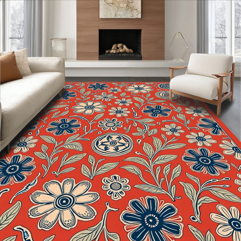 Red And Blue Floral Art Design Rug