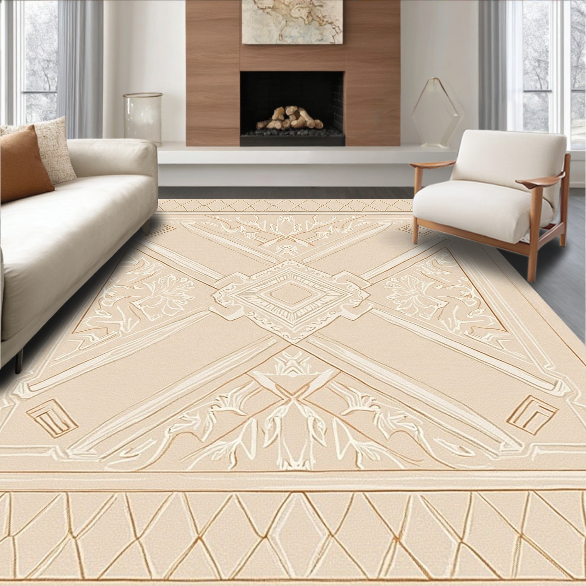 Neutral Geometric Diamond Floral Medallion Rug