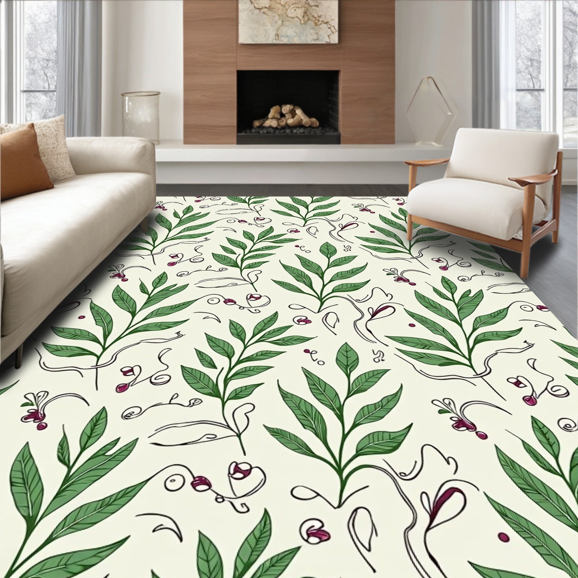 Green Leaf Vine And Swirl Pattern Rug