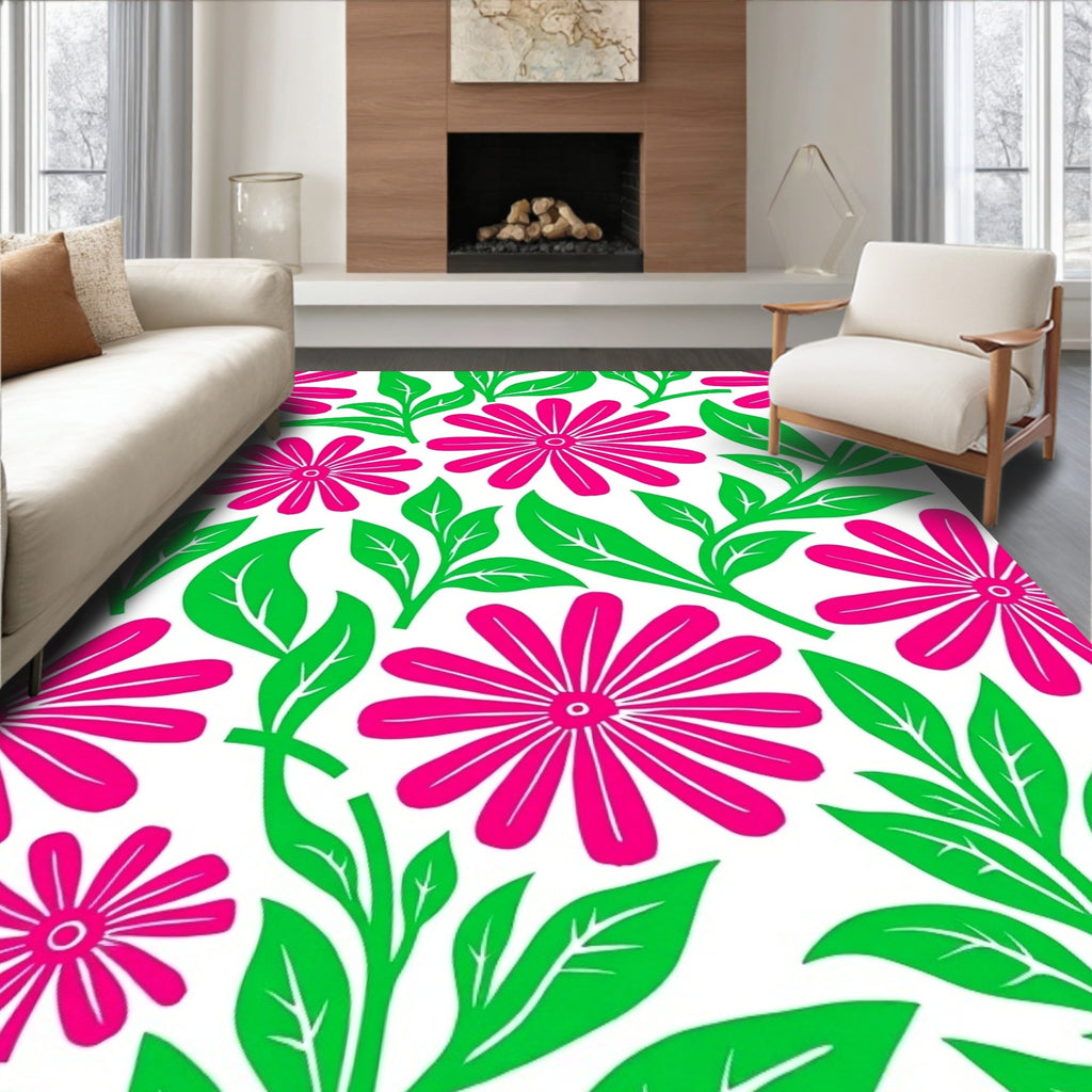 Bright Pink Daisy Floral Pattern Rug