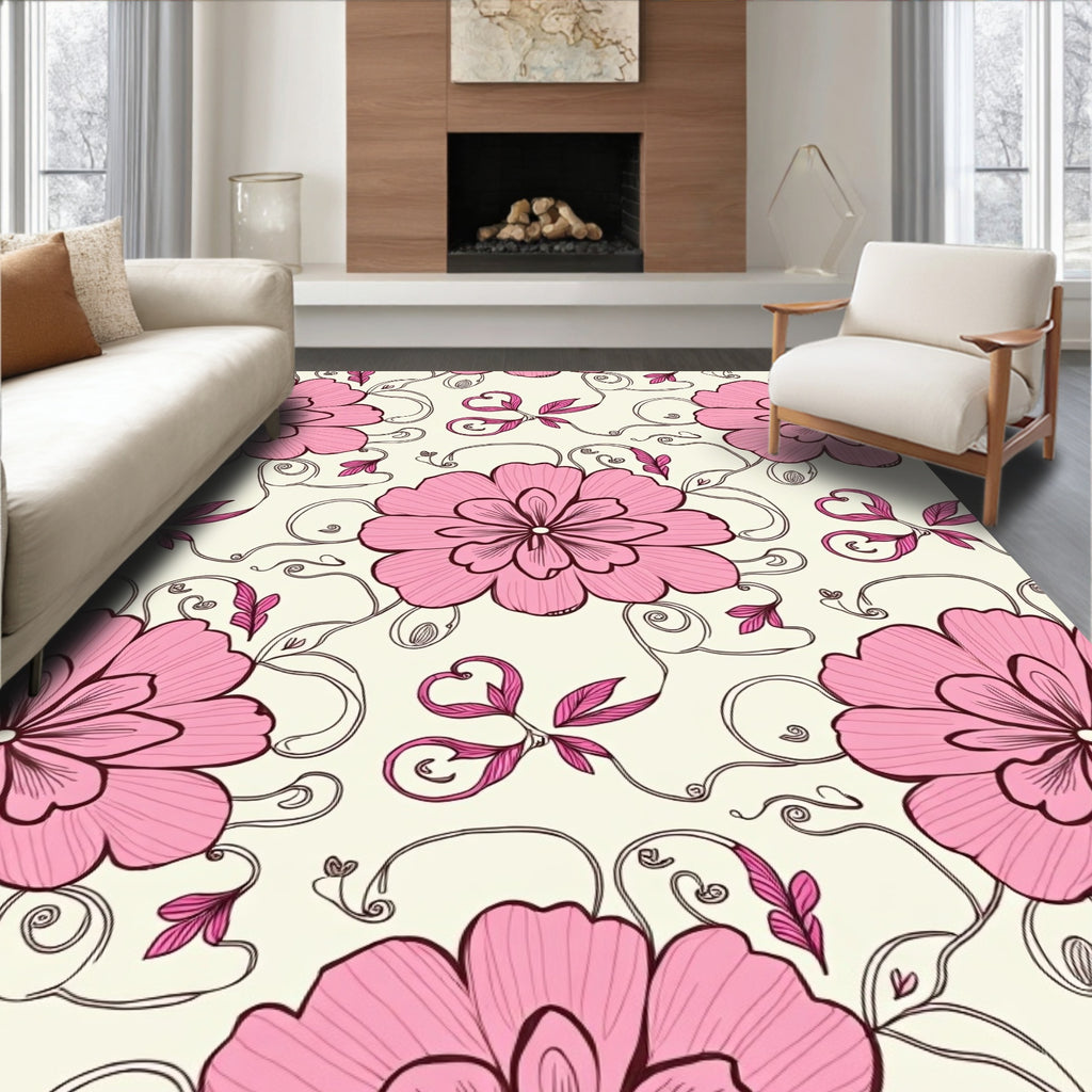 Enchanting Pink Floral Garden Pattern Rug