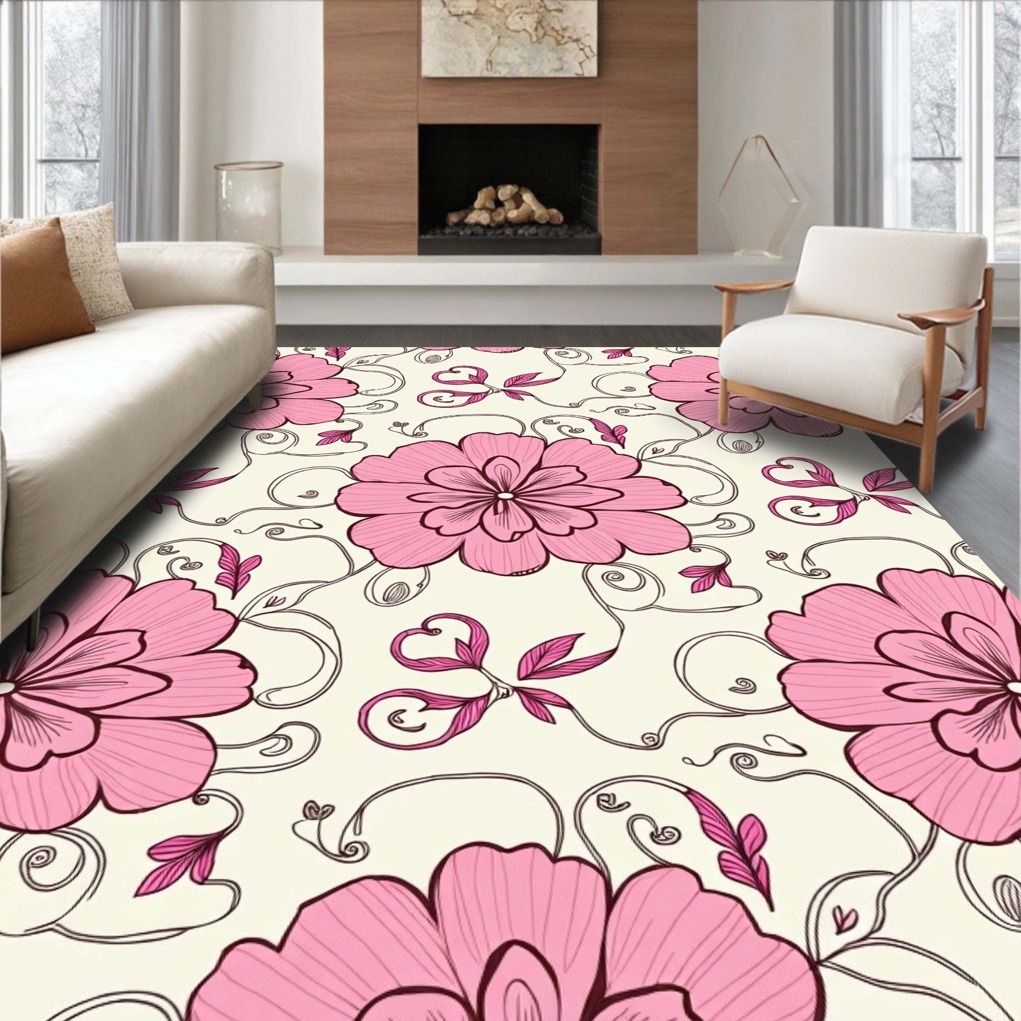 Enchanting Pink Floral Garden Pattern Rug