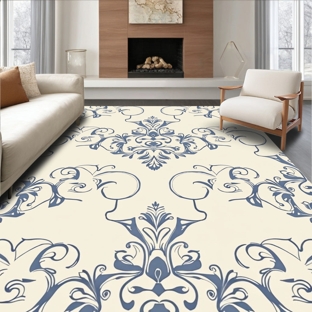 Elegant Blue Floral Damask Pattern Rug