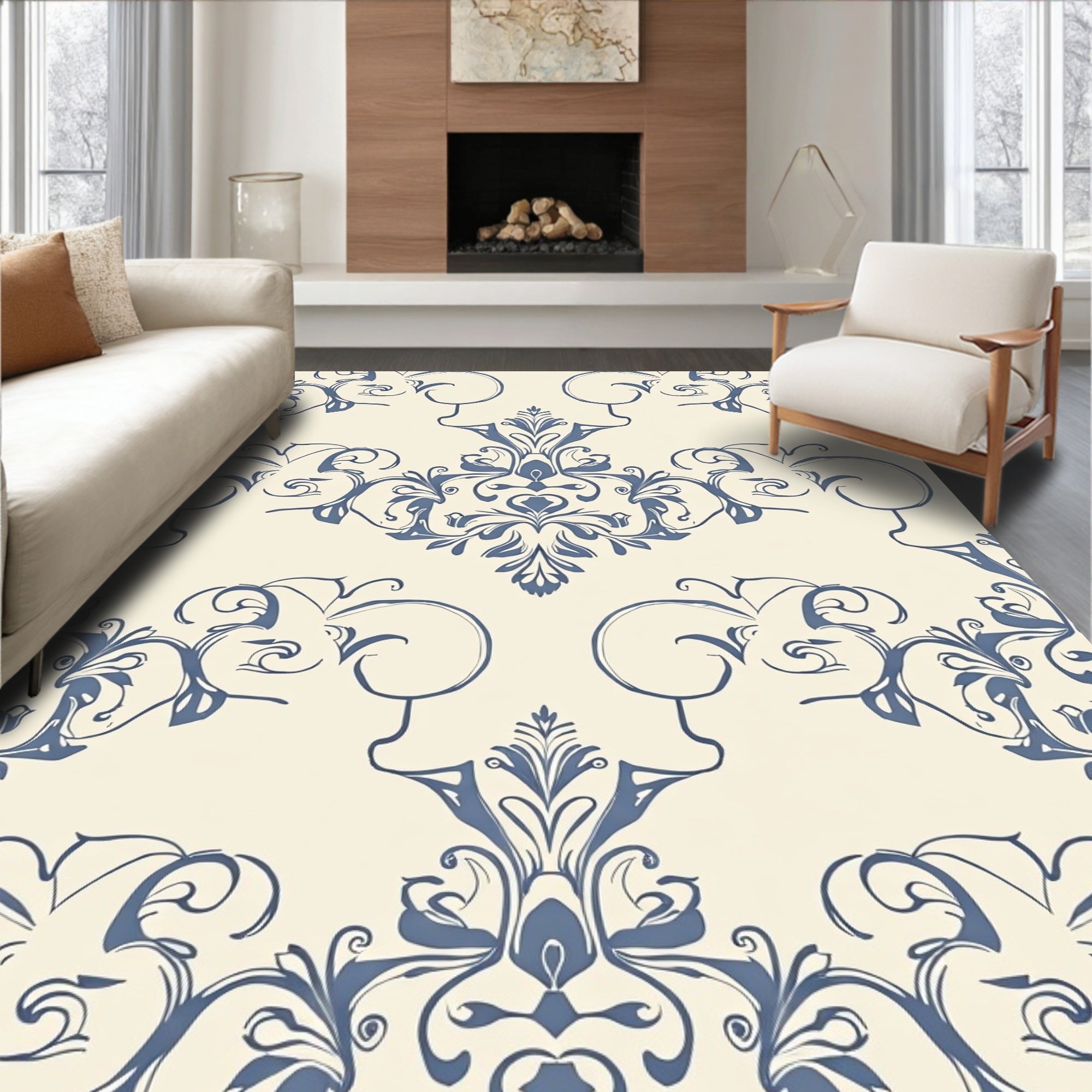 Elegant Blue Floral Damask Pattern Rug