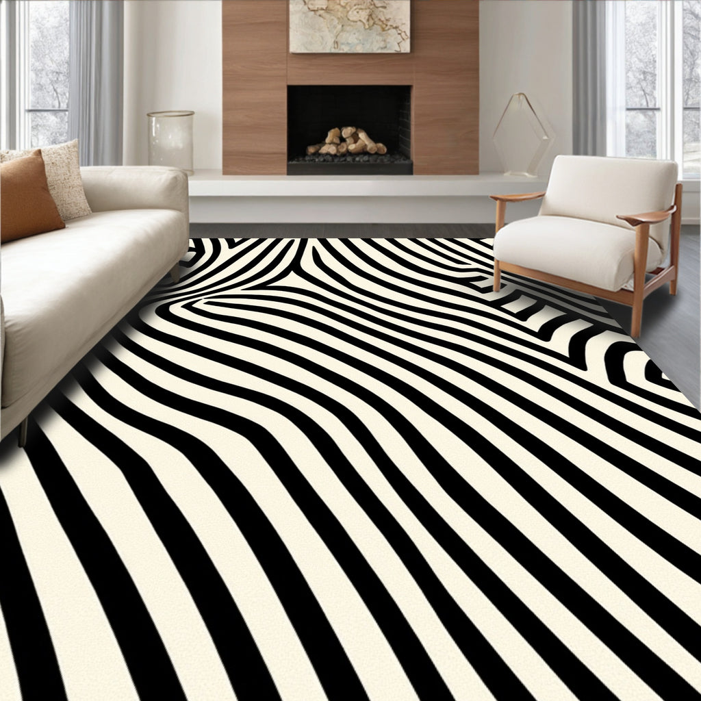 Abstract Black Ivory Wavy Lines Rug