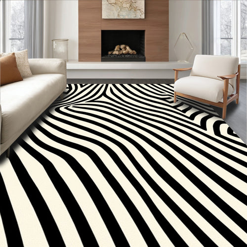 Abstract Black Ivory Wavy Lines Rug
