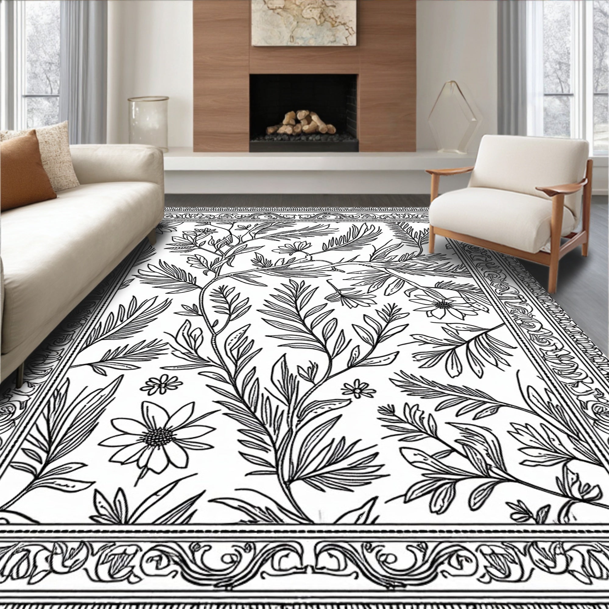 Botanical Flora Outline Vintage Pattern Rug