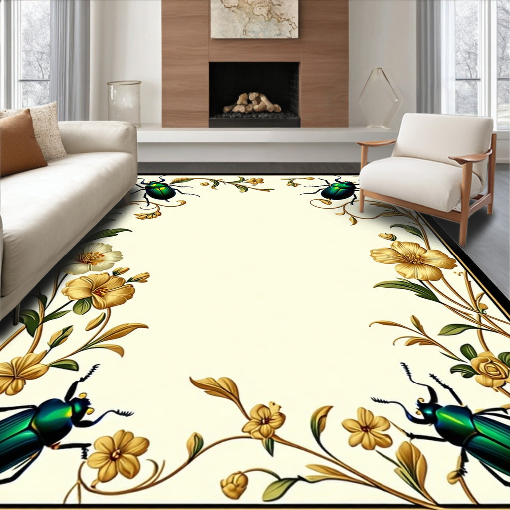 Ornate Green Beetle Floral Vine Rug