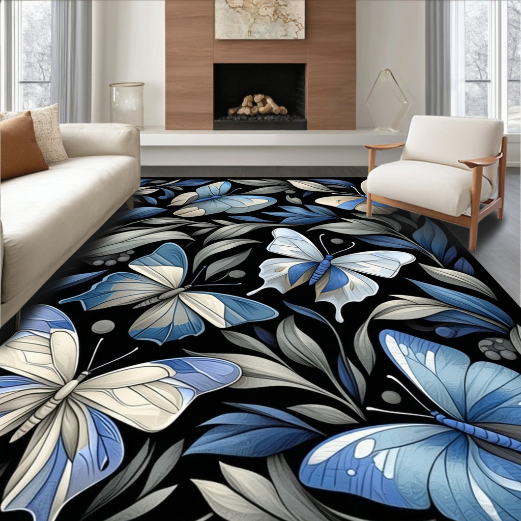 Whimsical Blue Butterfly Floral Pattern Rug