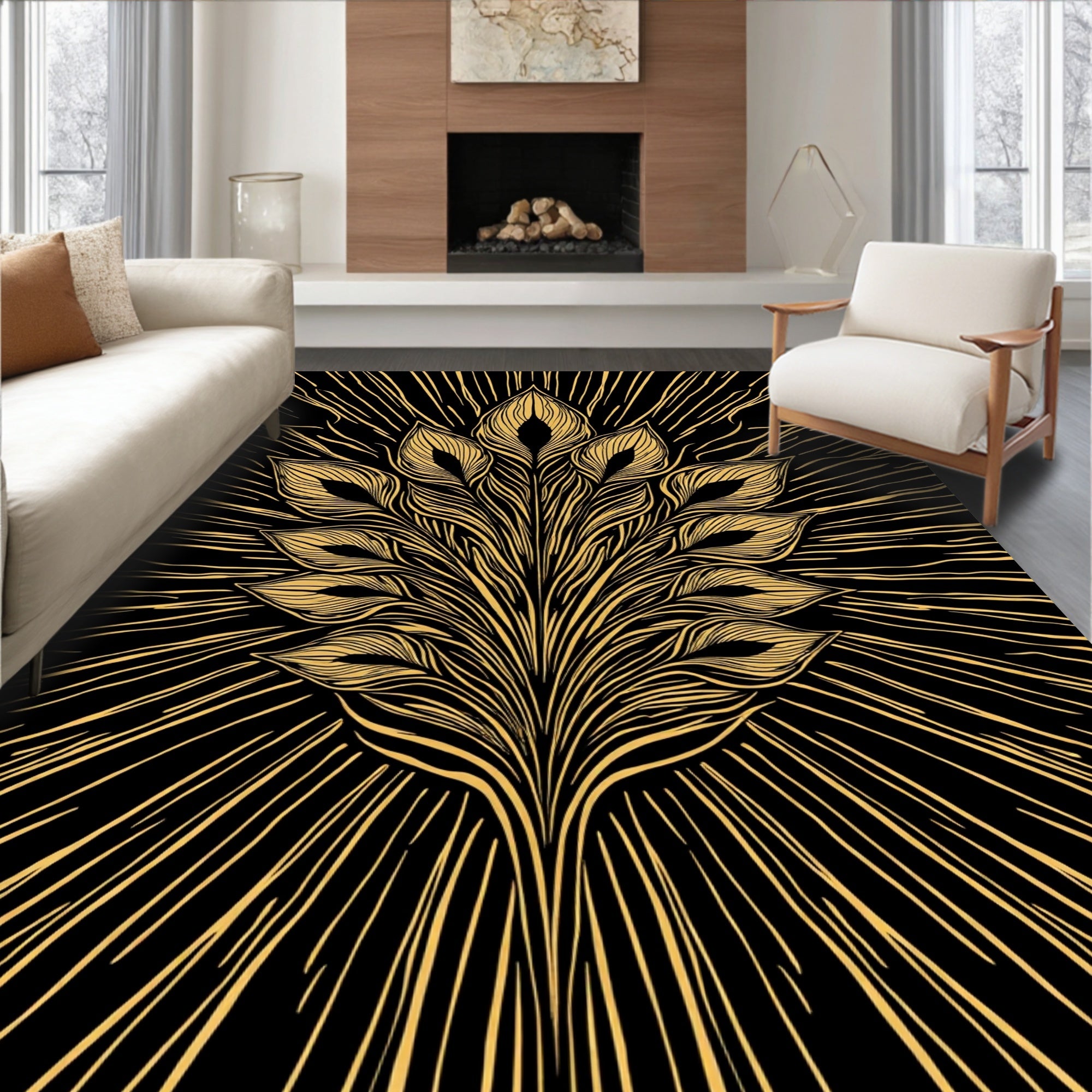 Golden Feather Rays Design Rug