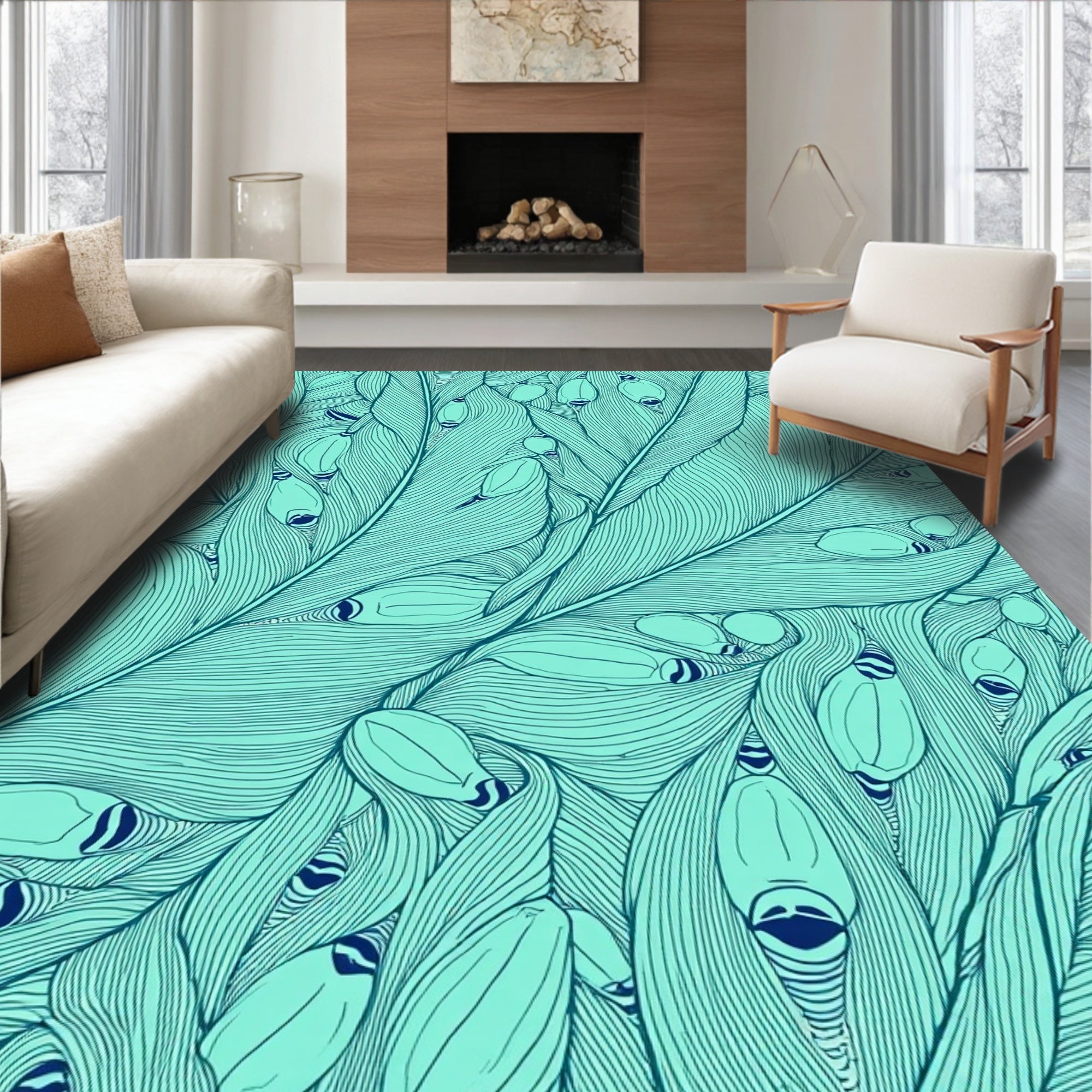 Teal Feather And Petal Design Rug