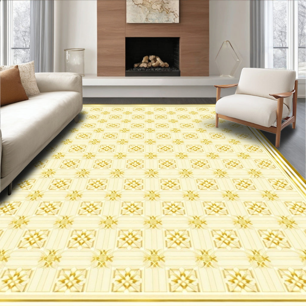 Golden Geometric Floral Patterned Rug