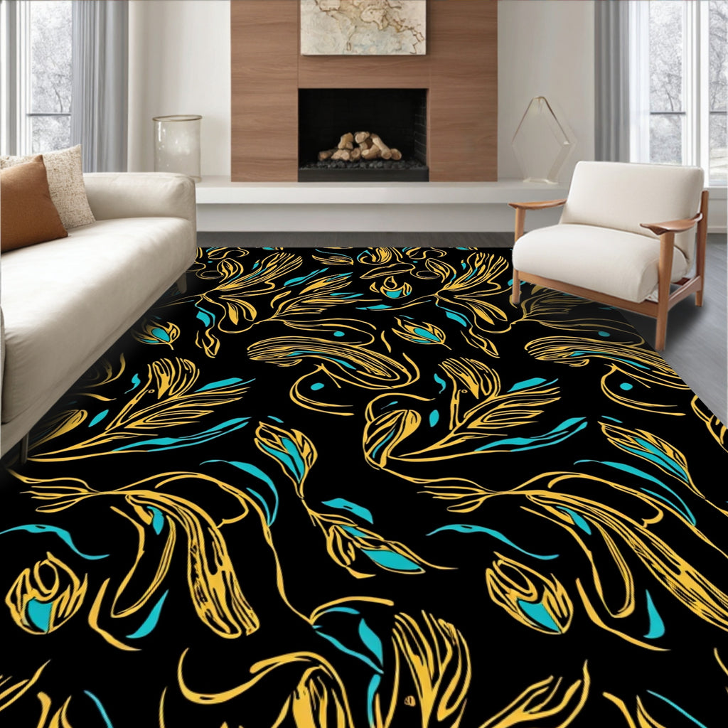 Black Gold Exotic Floral Pattern Rug