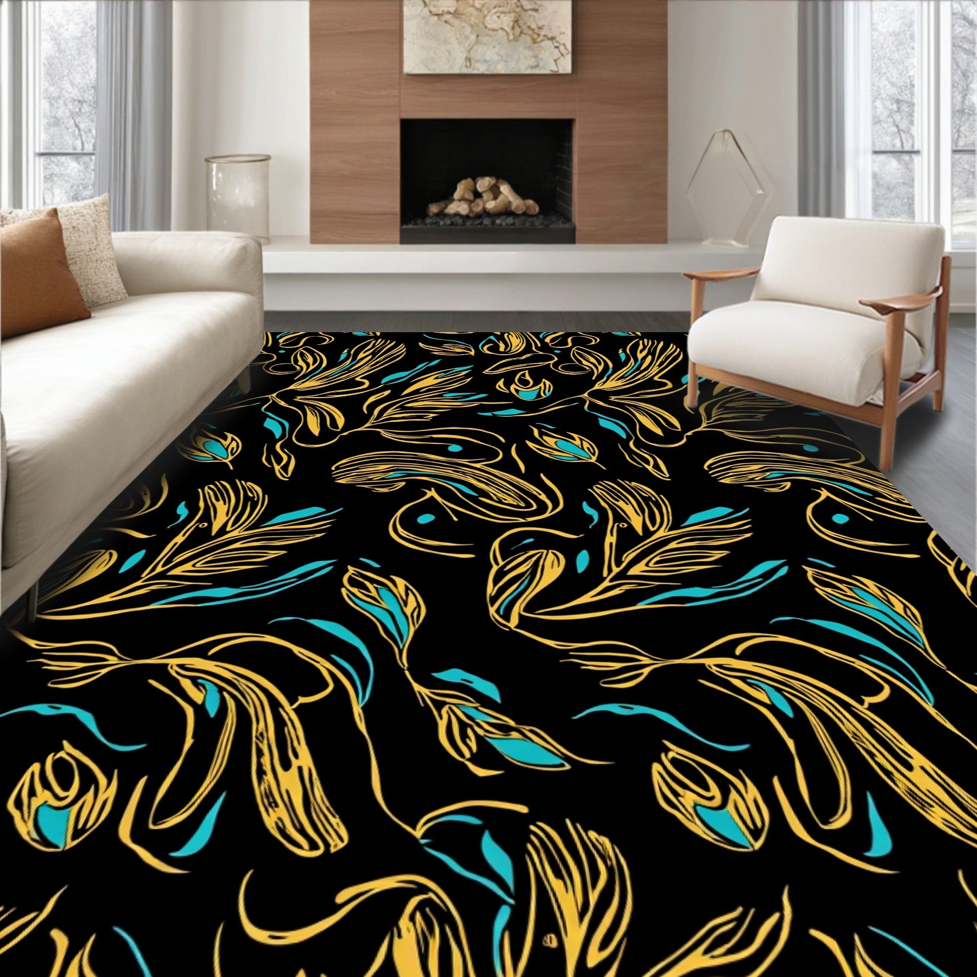 Black Gold Exotic Floral Pattern Rug