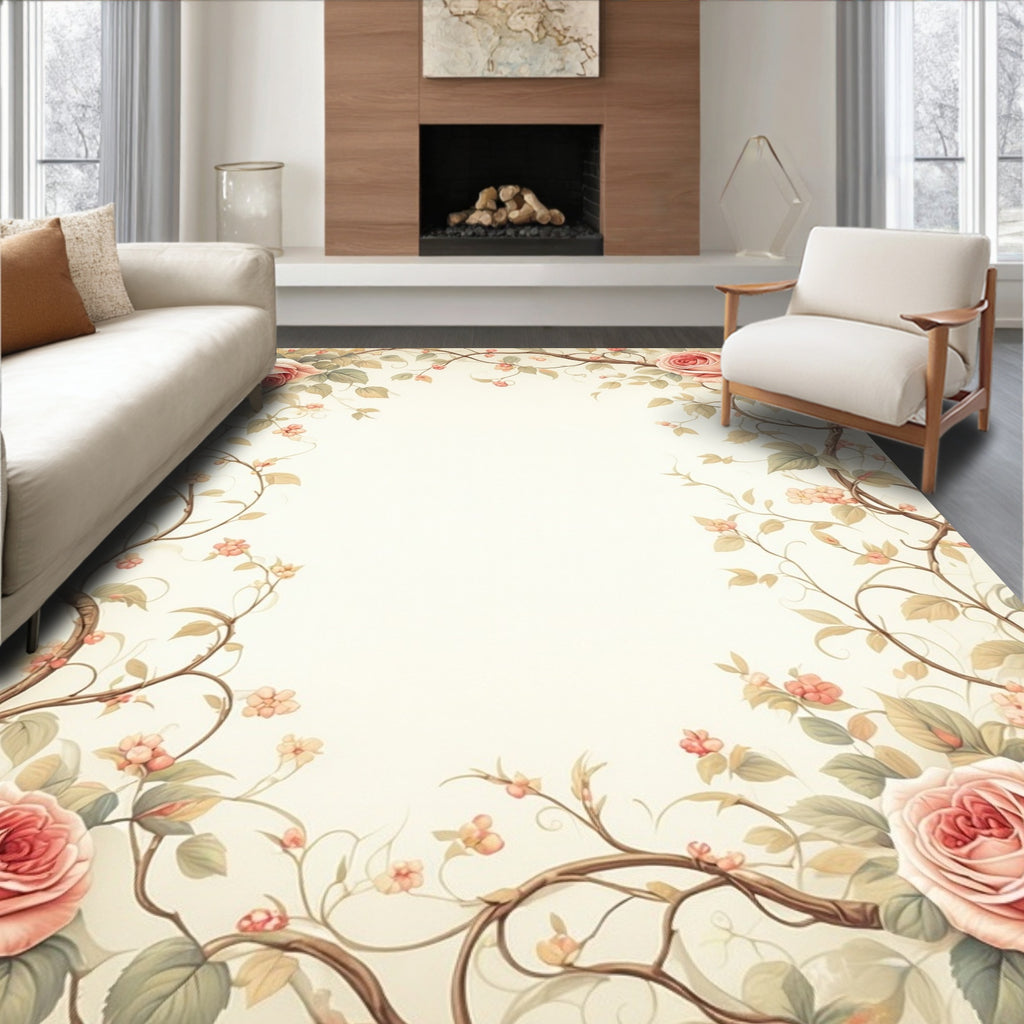 Romantic Pink Rose Vine Pattern Rug