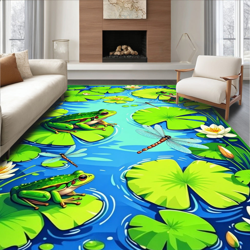 Whimsical Frogs Dragonflies Pond Design Rug