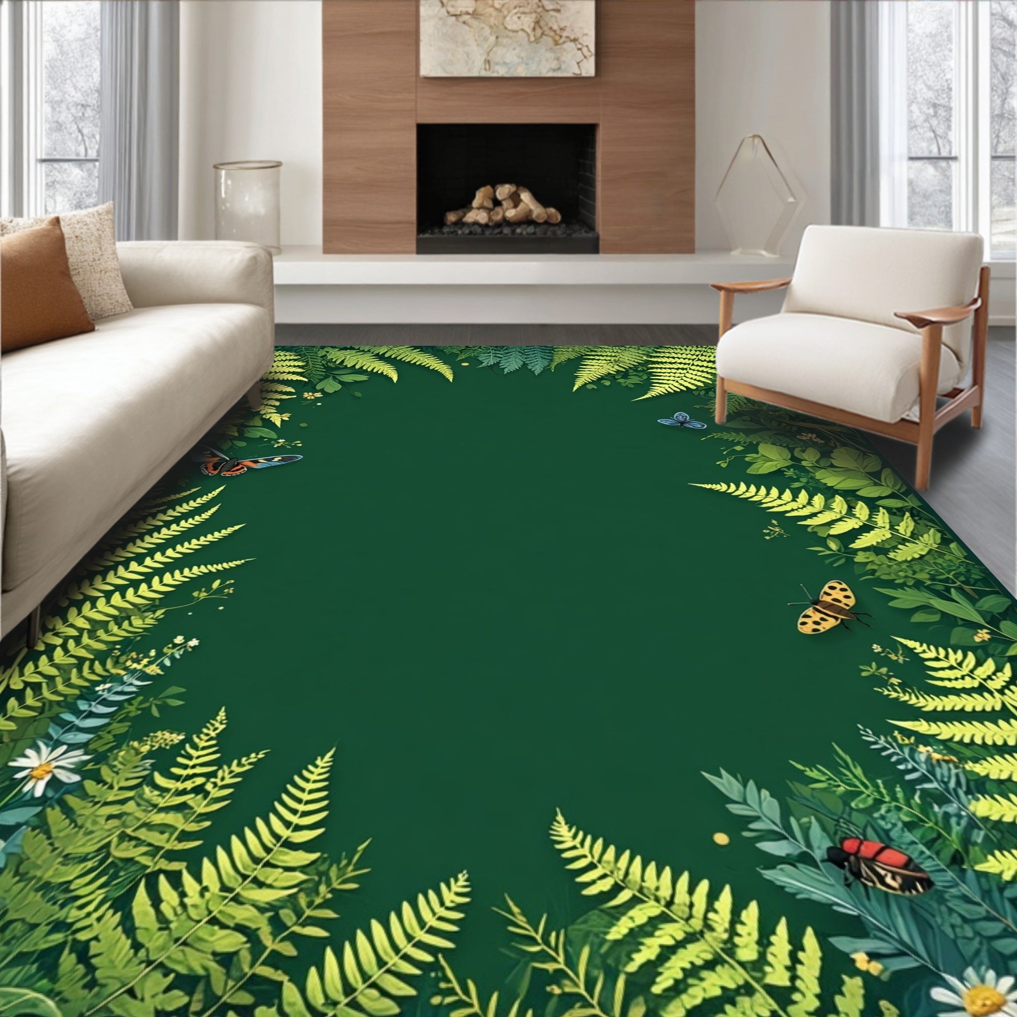 Fern and Butterfly Forest Pattern Rug